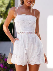 Chic Plain cotton and linen embroidered Strap Short Jumpsuits