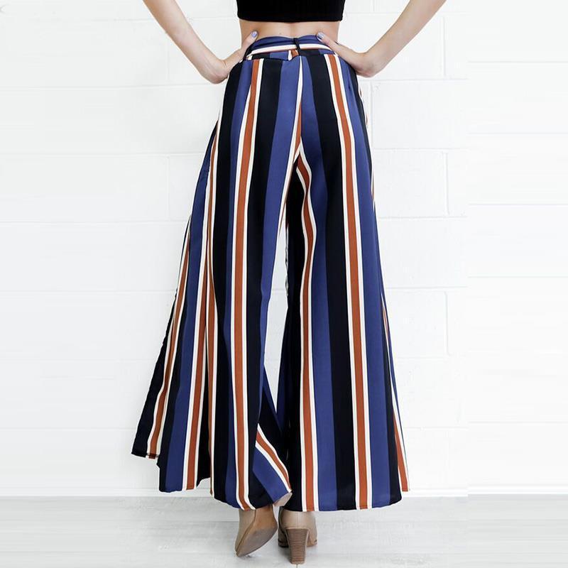 Loose Fit Bow Tie Striped Print Wide Leg Pants High Side Slit Drawstring