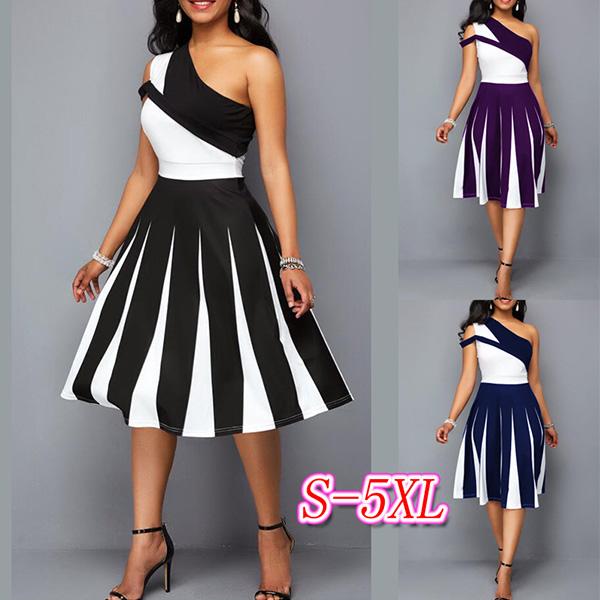 One Off Shoulder Women Irregular matching Skater Dresses