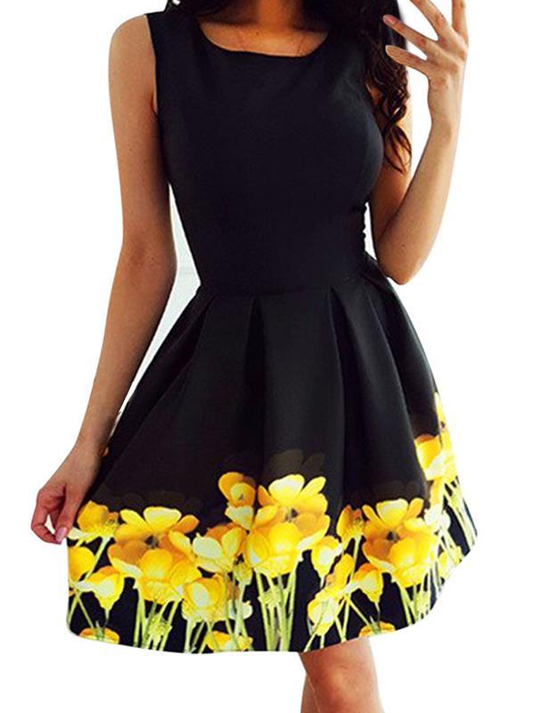 Sexy Elegant  round neck sleeveless print dress high waist skater dresses