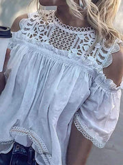 Decorative Lace Patchwork Lace Plain Off Shlouder Blouses