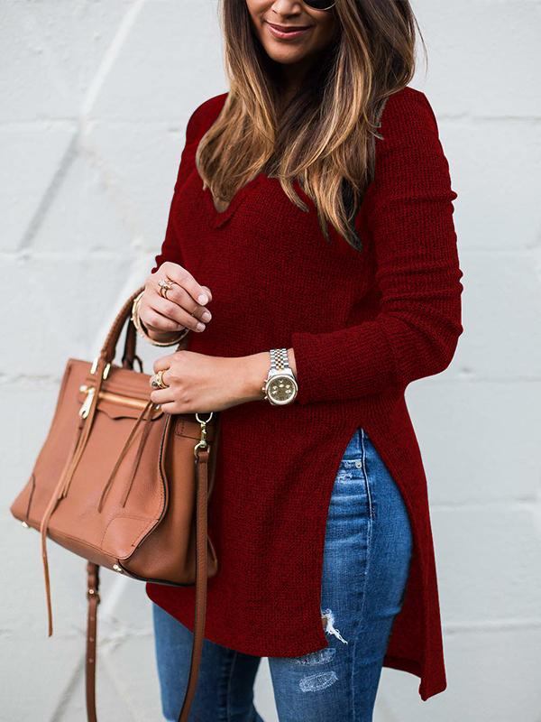 Woman V-neck Long Sleeve Slit Under Sweater