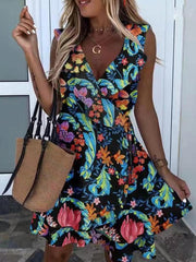 Elegant V neck Flower Printed Sleeveless Women skater dresses