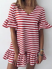 Casual v-neck short dress  flounce sleeve stripe shift dresses
