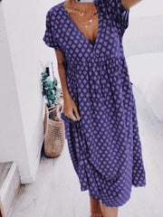 Casual v neck short sleeve printed shift dresses