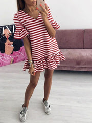 Casual v-neck short dress  flounce sleeve stripe shift dresses