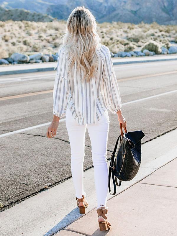 V-neck long sleeve lantern sleeve chiffon blouses