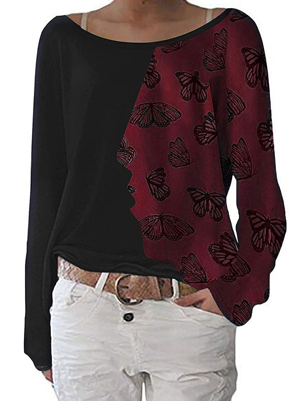 Round neck loose butterfly printed women long sleev autumn T-shirts