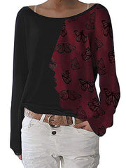 Round neck loose butterfly printed women long sleev autumn T-shirts