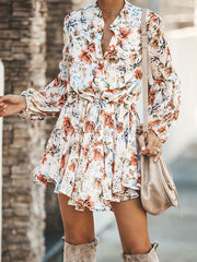 Date look V neck printed floral dresses long sleeve autumn skater dresses