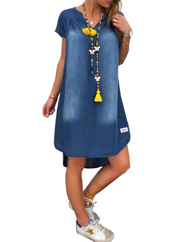 Casual denim v neck short sleeve shift dresses
