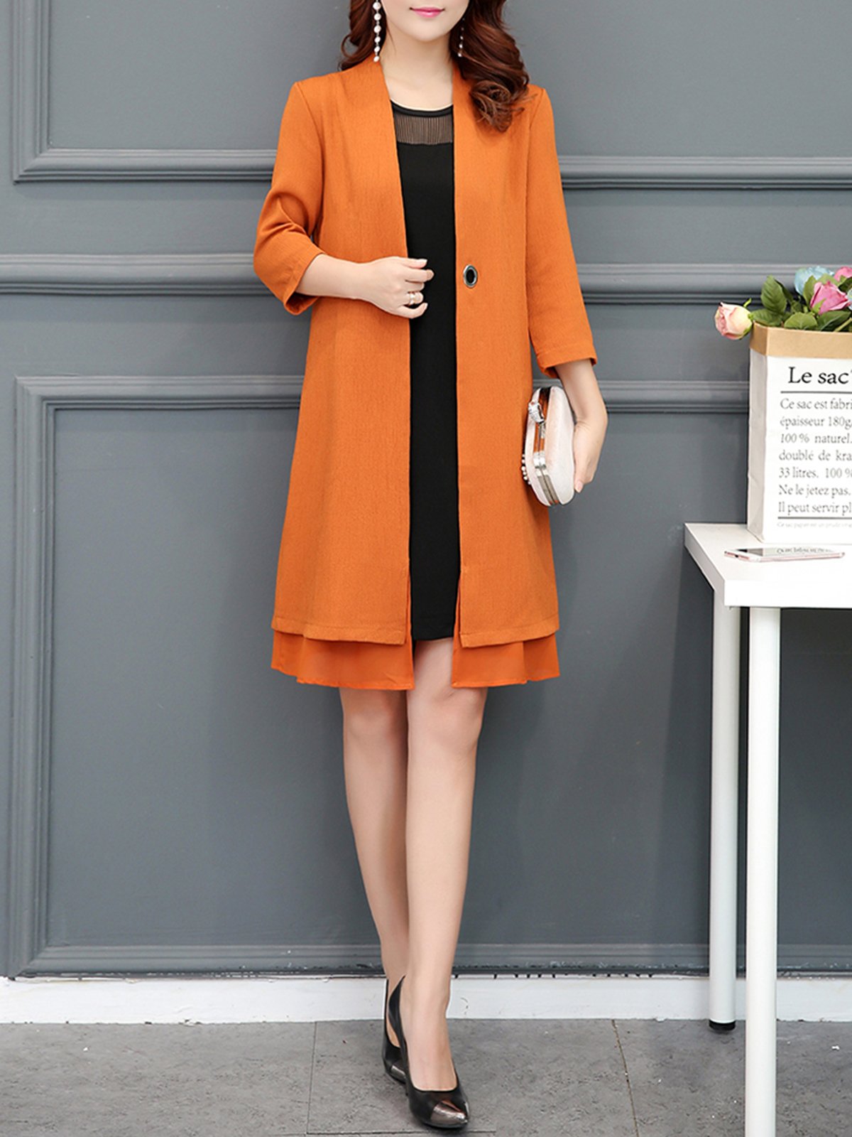 Casual Long Sleeve Tiered Shift Midi Two Piece Dress