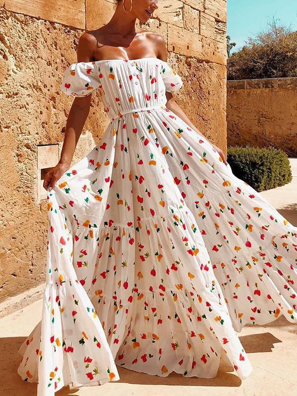 Sexy strapless fashion printed big hem maxi dresses