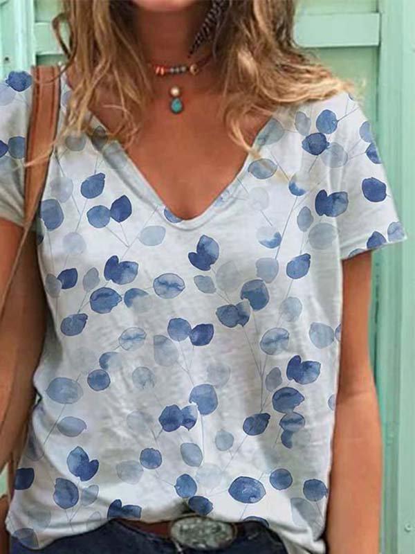 V Neck Printed Short Sleeve Casual Shirts & Tops