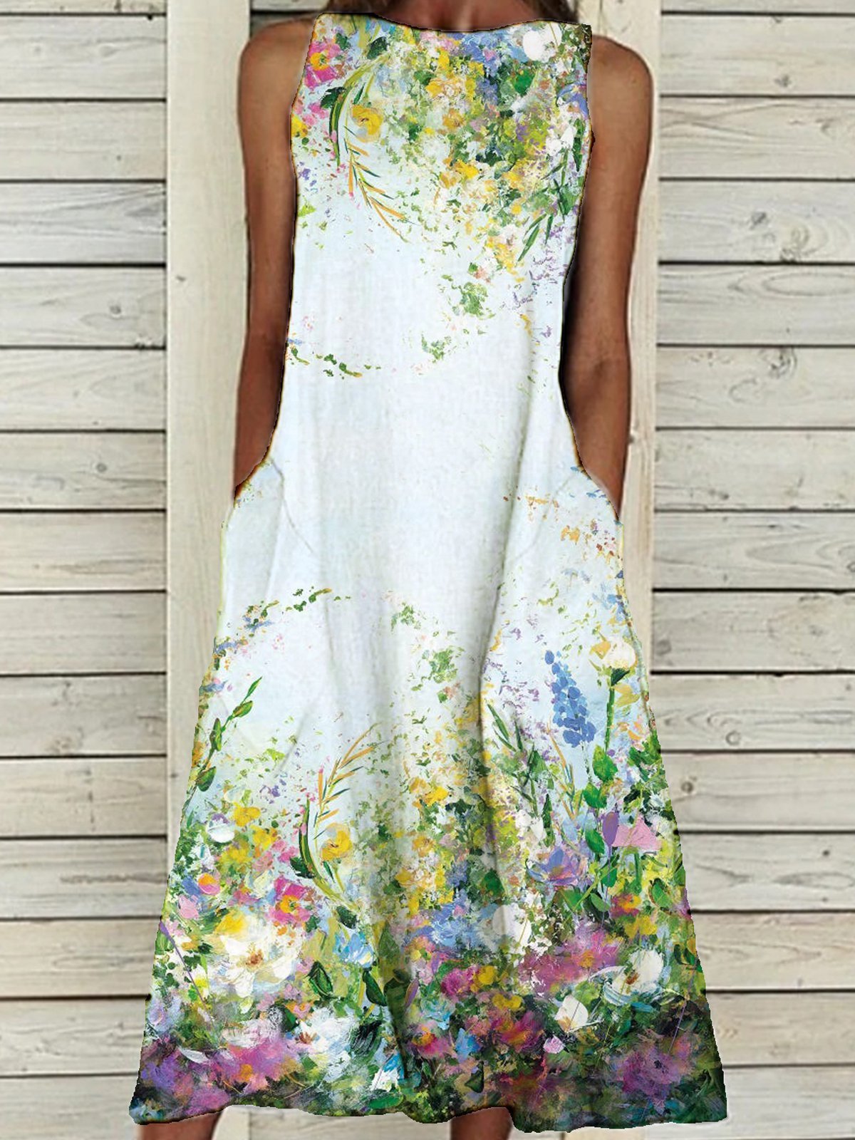 Sleeveless Elegant Crew Neck Floral-Print Dresses