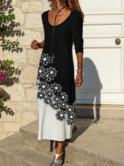 Fashion printed black and white flower dress long sleeve round neck long dress maxi dresses