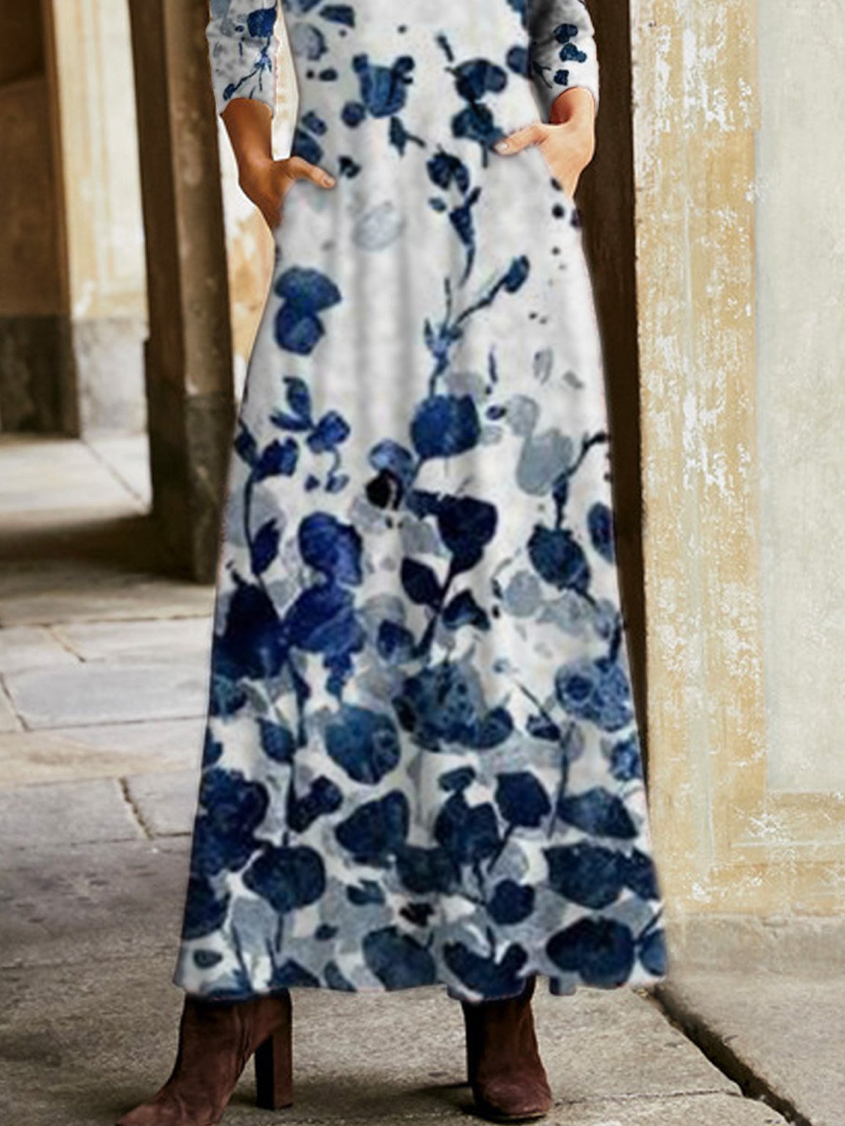 Vacation Blue Floral Winter Long Dresses