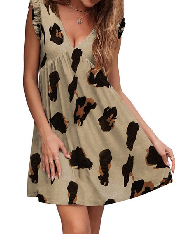 V neck leopard dress skater dresses sleeveless dress