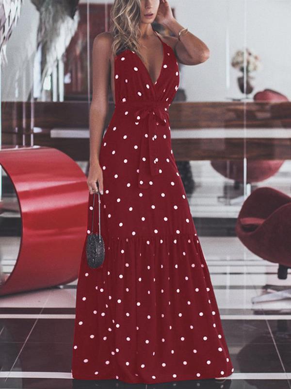 Sexy v-neck neckband backless gown wave pot maxi dresses