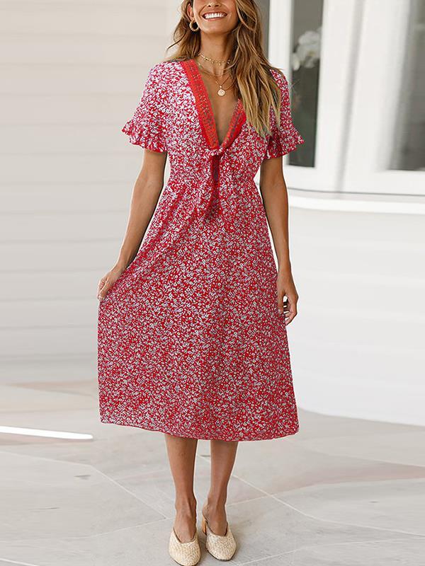 Bohemia Floral Printed V neck Vacation Dresses