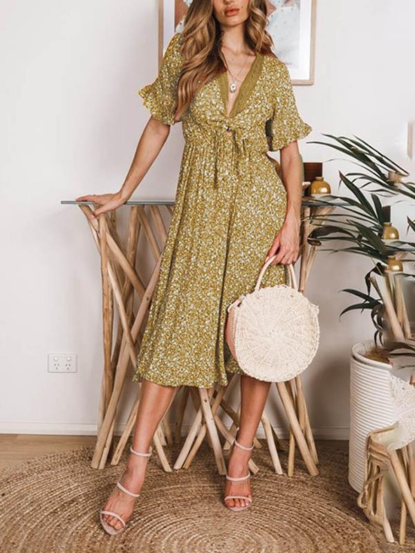 Bohemia Floral Printed V neck Vacation Dresses