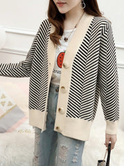 Casual Buttoned Knitted Shift Stripes Sweater Coat