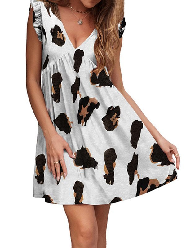 V neck leopard dress skater dresses sleeveless dress