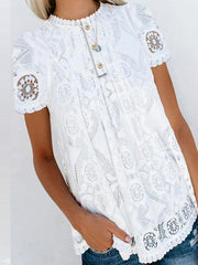 Round Neck Decorative Lace Single Breasted Lace Blouses