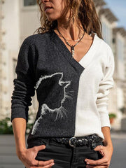 V neck women cat printed fashion long sleeve sweaters