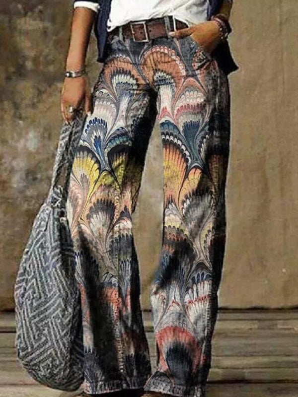 Vintage Printed Denim Loose Casual Women Long Pants