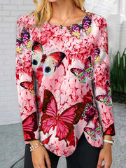 Fashion round neck butterfly hem button irregular long sleeve T-shirts