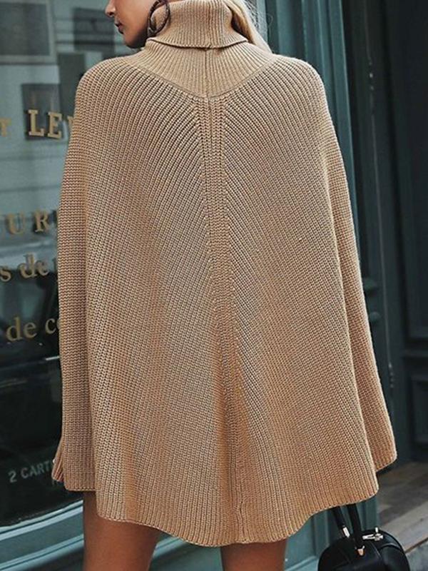 Woman Plain High Collar Cloak Sweater