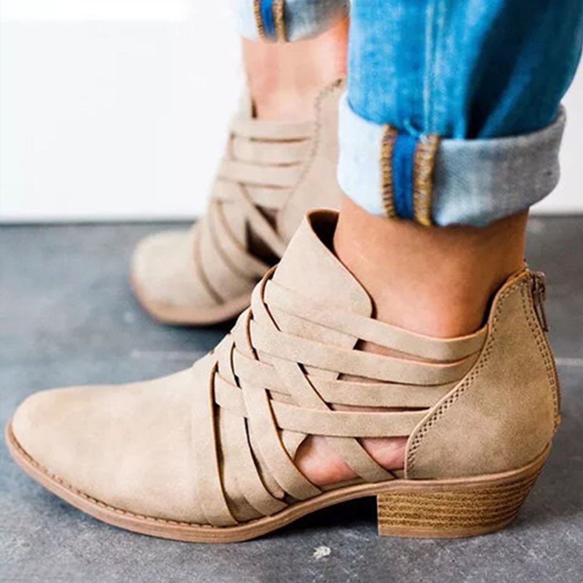 Plus Size Criss-Cross Ankle Heel Booties Hollow-out  Woman PU Boots