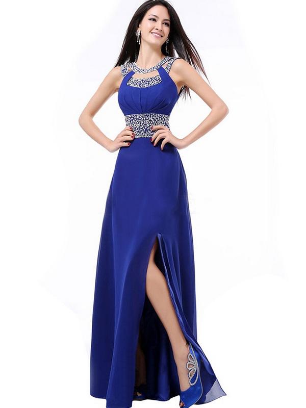 Designer Sequined Contrast O-Neck Backless Long Prom Dresses