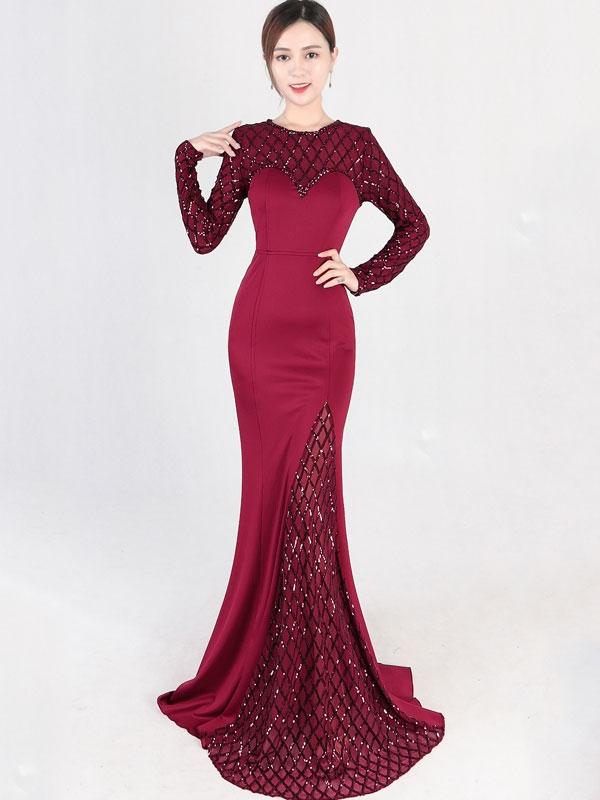 Sequined Contrast Plaids O-Neck Long Sleeves Sheath Backless Evening Dresses