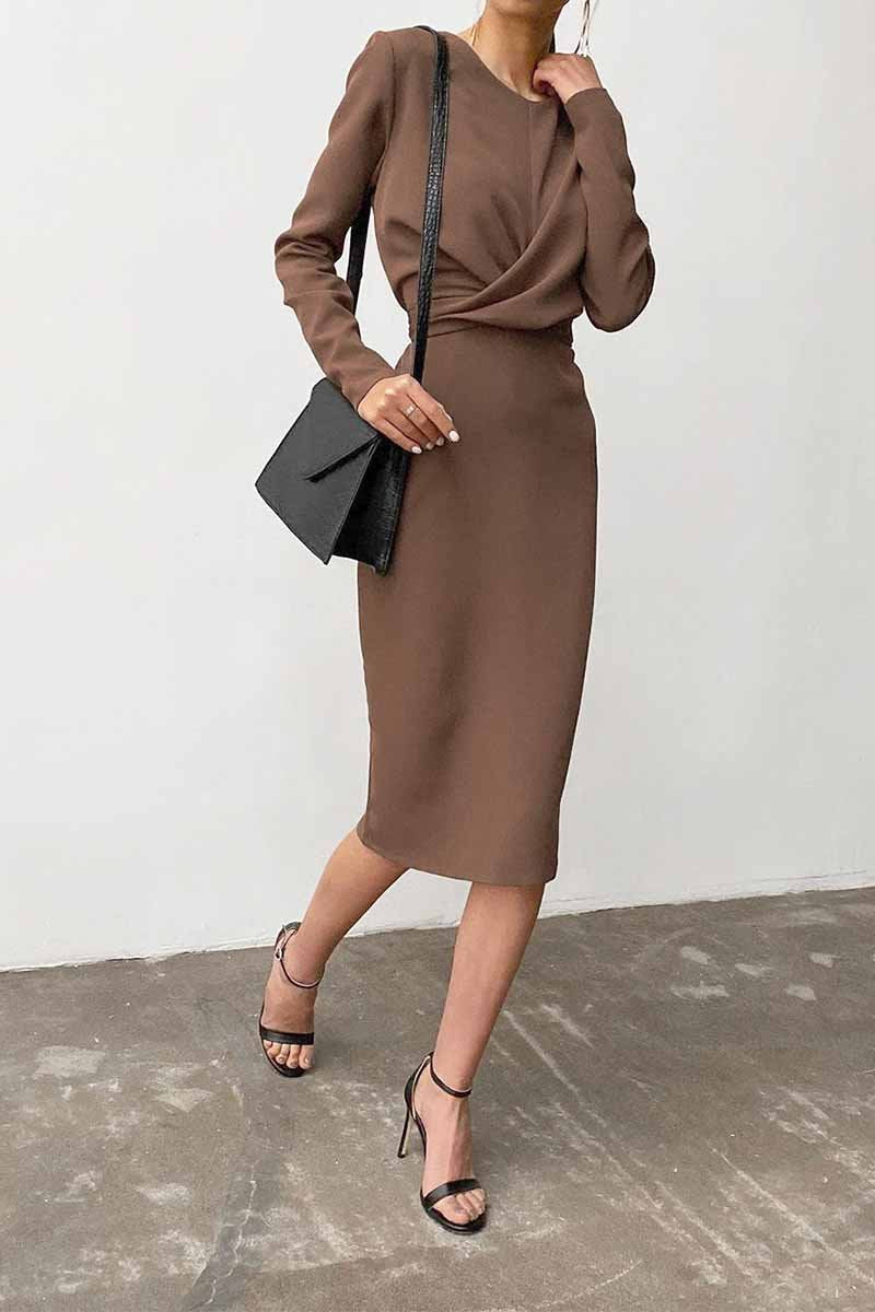 Fashion Long Sleeve Waist Midi Dress(4 Colors)