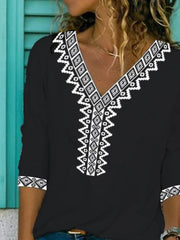 Paisley Half Sleeve  Printed  Cotton-blend V neck  Vintage  Summer  Black Top