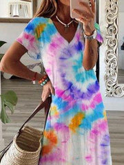 V Neck Short Sleeve Ombre/tie-Dye Dresses