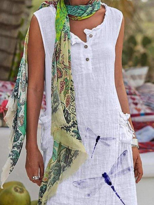 White Printed Sleeveless Shift Cotton-Blend Dresses