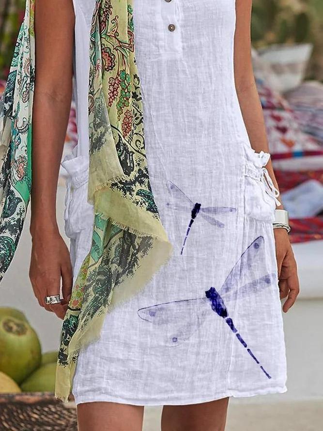 White Printed Sleeveless Shift Cotton-Blend Dresses