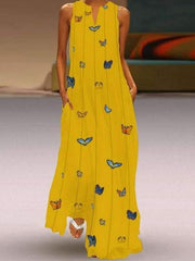 Butterfly Printed Plain v-neck Bohemian sleeveless Maxi dresses
