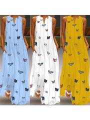 Butterfly Printed Plain v-neck Bohemian sleeveless Maxi dresses