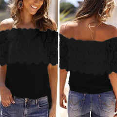 Chiffon lace sexy off shoulder woman t-shirt
