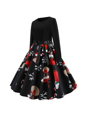 Christmas Long Sleeve Round Neck Bowknot Skater Dresses