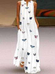 Butterfly Printed Plain v-neck Bohemian sleeveless Maxi dresses