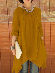 Cotton and Linen Woman Long Sleeve Daily Loose Shift Dresses
