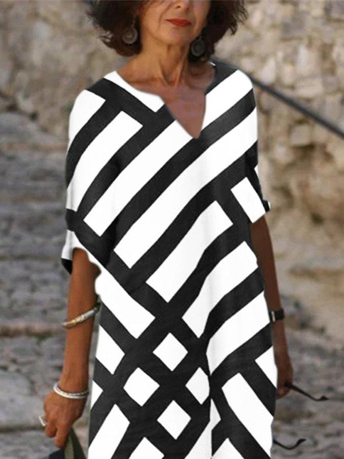 Casual V Neck Geometric Long Sleeve Dresses