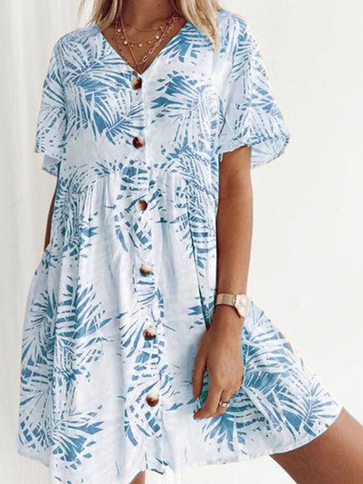 Cotton-Blend V Neck Short Sleeve Printed Dresses