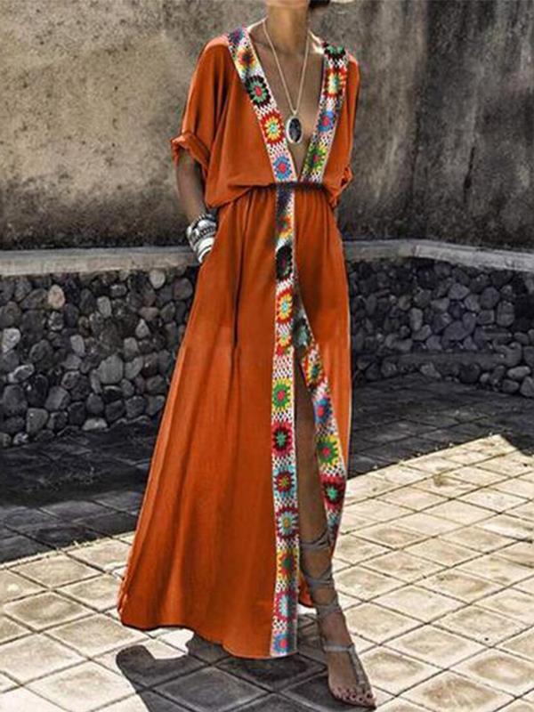 Sexy V Collar Hooks Splice Printed Open Maxi Dresses