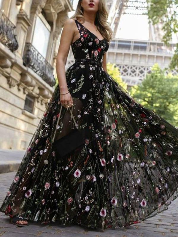 Black Elegant V neck Backless Flower Embroidery Evening Dress